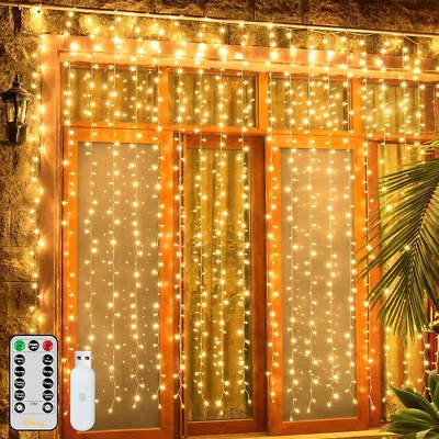 Ollny Curtain Lights 200LED 6.6X6.6Ft, USB Warm White Fairy Lights with Remote 8 - Image 1 of 4