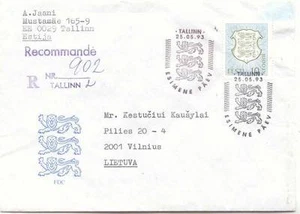 ESCUDO DE ARMAS ESTONIA 10 EEK HFV DEFINITIVO 1993 FDC CUBIERTA REGISTRADA EN EL EXTRANJERO - Imagen 1 de 1