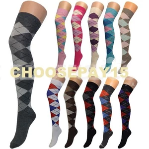 Women LONG KNEE HIGH SOCKS COLORED ARGYLE DIAMOND STRETCH SOFT COTTON ,SIZE 4-7 - Picture 1 of 4