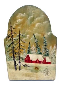 Red Barn Winter Scene Hand Painted Wood Plaque Signed 11" x 7.5" Snow Country - Picture 1 of 7
