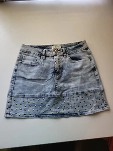 Nicki Minaj Mini Skirt Juniors 9 10 Light Wash Denim Brass Studded Stretch - Picture 1 of 8