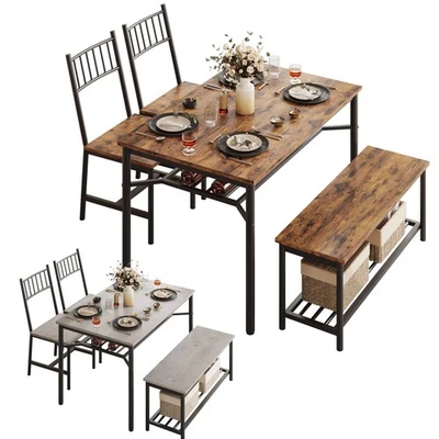 4 Pieces Wooden Kitchen Dining Table Set 2 Chairs Storage Bench with Wine Rack - Image 1 of 4