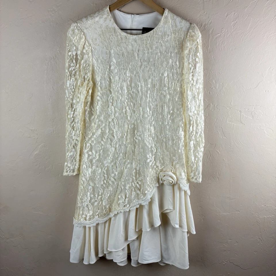 Vestido Vintage David Rose Flapper Crema Manga Larga Cuello Redondo Encaje Boda 12P Foto 1 de 4