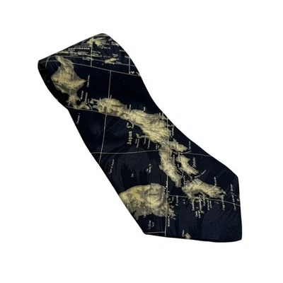 Gravata vintage mapa do mundo ARTEFATOS DE MUSEU 100% seda feita nos EUA azul bronzeado branco - Imagem 1 de 4