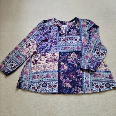 D&Co 2X Jersey Patchwork Y Neck Button Front Henley Long Sleeve Swing Hem Top - Изображение 1 из 4