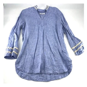 Chicos Leinenshirt Damen Größe 10 Blau Creme Langarm Tunika Landhaus Freizeit - Bild 1 von 7
