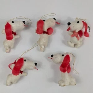 5 Vintage White Felted Snoopy Style Dog Christmas Tree Ornament Ears Tongue RARE - Picture 1 of 16