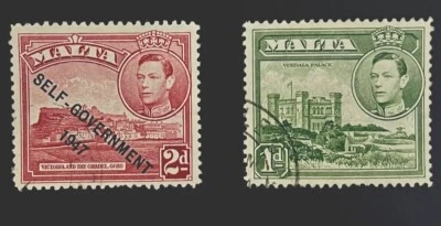 SELLO DE MALTA (1947 principios de GVI AUTOGOBIERNO) Lote de 2 estampillas Foto 1 de 4