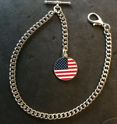 Albert pocket watch chain with an enamel USA flag fob,silver colour - Image 1 of 4
