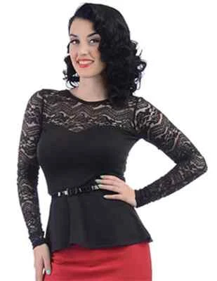 CAMISA PEPLUM MANGA LARGA ENCAJE NEGRA talla 12 - Top de oficina de trabajo de malla con cinturón Foto 1 de 4