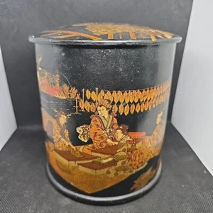 Cigar Box Round Asian Japanese Gesia Black Laquer Gold Lid 5.5" Tall 5" Wide - Picture 1 of 24