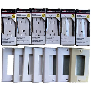 Cooper TR1107W-Box Decorator Grounding Receptacle New Lot 6 White Square w/Plate - Picture 1 of 13