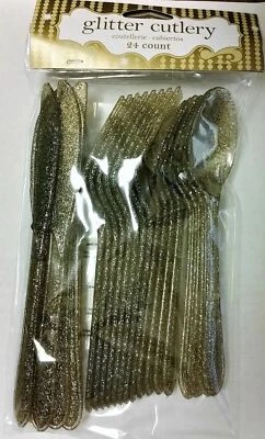 Glitz Glittering Gold Plastic 24 Pc Asst Cutlery Forks Knives Spoons - Image 1 of 2