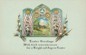Beautiful Stained Glass Surrounded By Flowers Gold Border Easter Postcard - Picture 1 of 2