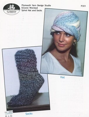 Plymouth Encore Worsted Knitting Pattern P301 Spiral Hat & Socks for Adults - Image 1 of 2