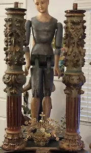 ANTIQUE PAIR OF ANCIENT BAROQUE COLUMNS CARVED AND POLYCHROMED WOOD, SPAIN 18TH - Picture 1 of 24