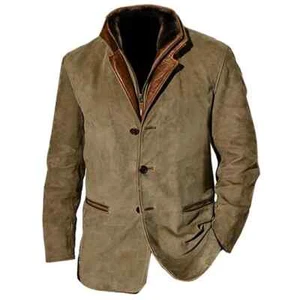 Men Vintage Suede Leather Blazer Fur Collar Mid-Length Winter Coat Brown Jacket - Picture 1 of 10