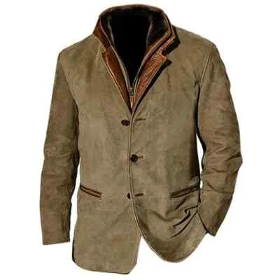 Men Vintage Suede Leather Blazer Fur Collar Mid-Length Winter Coat Brown Jacket - Image 1 of 4