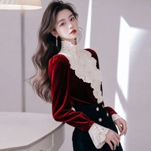 Lady Velvet Lace Patchwork Velvet Shirt High Neck Top Long Sleeve Blouse Elegant - Picture 1 of 9