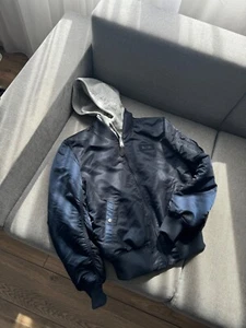 Alpha Industries MA-1 Men's Blue Nylon Full Zip Hooded Bomber Jacket Size S - Picture 1 of 13