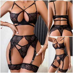 Women Black Bodysuit Set Underwear Sexy Panty Bra & Garter Transparent Lingerie - Picture 1 of 11