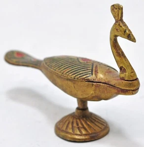 Antique Brass Peacock Shaped Kum Kum Powder Tika Box Original Old Hand Crafted - Picture 1 of 9