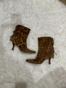 Y2K VTG Ann Marino Cheetah Leather Suede Fringe Pointed Heeled Boots Size 7.5 W - Picture 1 of 10