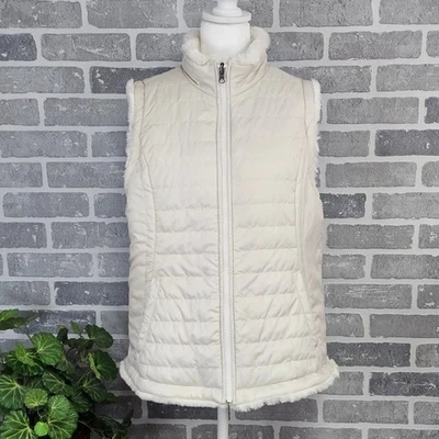 Nicole Miller Reversible Vest Women L Cream Puffer Faux Fur Cozy Winter Jacket - Image 1 of 4