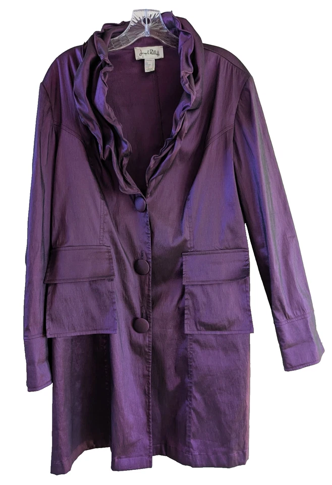 Joseph Ribkoff SZ 12 Women's Crisp Purple Satin Artsy Coat Moldable Ruffle Neck - Image 1 of 4
