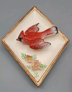Vintage 3D Red Ceramic Cardinal On Diamond Shaped Plaque Wall Hanging Canada - Picture 1 of 15