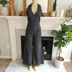 Mono Denim Negro Halter Pierna Ancha Retro Boho Talla Pequeña - Imagen 1 de 8