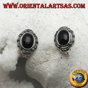 Orecchini in Argento 925‰ a lobo con onice ovale contornata da marcasite - Foto 1 di 2