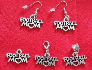 ANTIQUE SILVER FOOTBALL MOM CHARM - U CHOOSE - LOBSTER CLASP - BAIL - EARRINGS - Picture 1 of 8