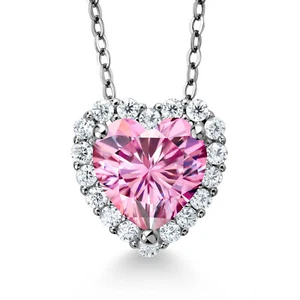 925 Sterling Silver Pink and White Moissanite Heart Shape Pendant Necklace For - Picture 1 of 5