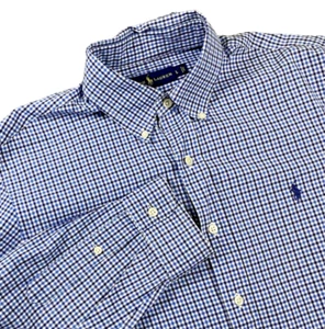 Camicia Oxford RALPH LAUREN blu a quadri uomo grande L/S cotone con bottoni pony - Foto 1 di 7