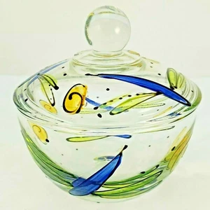 Covered Dragonfly Clear Glass Bowl Trinket Jewelry Candy Jar Painted Flower Blue - Picture 1 of 12