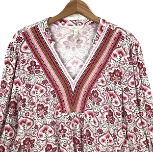 Matilda Jane Tunic Top Womens L Pink Red Floral Boho Cottagecore V-Neck Long Slv - Picture 1 of 9
