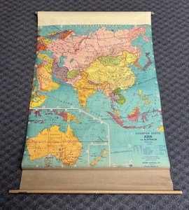 Vintage Pull Down Map ASIA AUSTRALIA school classroom wall art roll up 60s decor - Picture 1 of 22