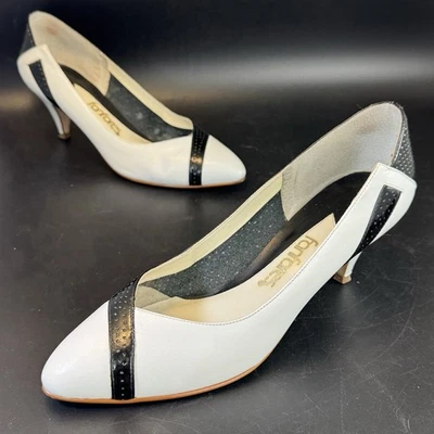 Vintage 80s Black White Leather Low Heel Pumps Colorblock Mod Retro Sz 9M - Image 1 of 4