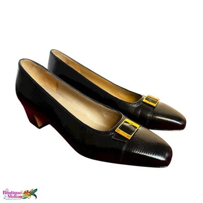 Salvatore Ferragamo NUEVO Cuero Negro 6C Vara Bombas Hebilla Dorada Tacón Bloque Foto 1 de 4