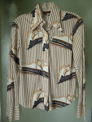 Camisa Discoteca Vintage Años 70 Tren Ferrocarril Patrón Manga Larga Talla Pequeña Foto 1 de 4