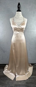 Windsor Lynnea Lace-Up Slit A-Line Satin Formal Dress Gold Size Medium NWT - Picture 1 of 19