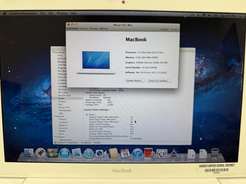 Apple Macbook 13'' A1342 Intel Core 2 Duo 2.4Ghz, 250GB HD, 2GB RAM, Mid 2010 - Image 1 of 4
