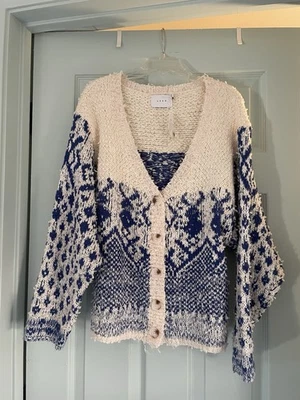 Lush Long Sleeve Knit Cardigan Crème And Blue Size Medium - Image 1 of 3