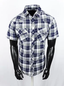 Men's Western Blue White Lime Plaid Shirt Short Sleeve Snap Up Two Flap Pockets - Picture 1 of 5