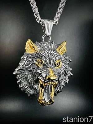 Wikinger Fenrir Wolf Kopf Tier Jäger Anhänger Edelstahl Kette Schmuck Biker 350A - Bild 1 von 4