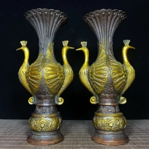 A pair of pure copper gilt handmade double head peacock shape exquisite vase - Picture 1 of 9