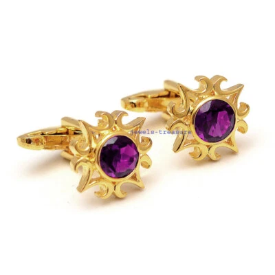 Pedra preciosa de ametista natural com abotoaduras masculinas folheadas a ouro prata esterlina 925 - Imagem 1 de 3