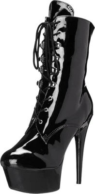 ELLIE 609 Diana High Heel Patent Ankle Boot Platform Lace Up Party Black  8 - Image 1 of 4