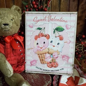 PRIMITIVE VICTORIAN RETRO VINTAGE STYLE VALENTINE ADORABLE ICE CREAM FACES SIGN - Picture 1 of 11